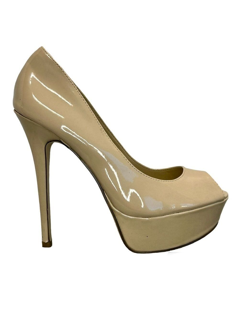 Aldo light beige tan brown patent platform stiletto high heel pumps Sz 39/8.5
